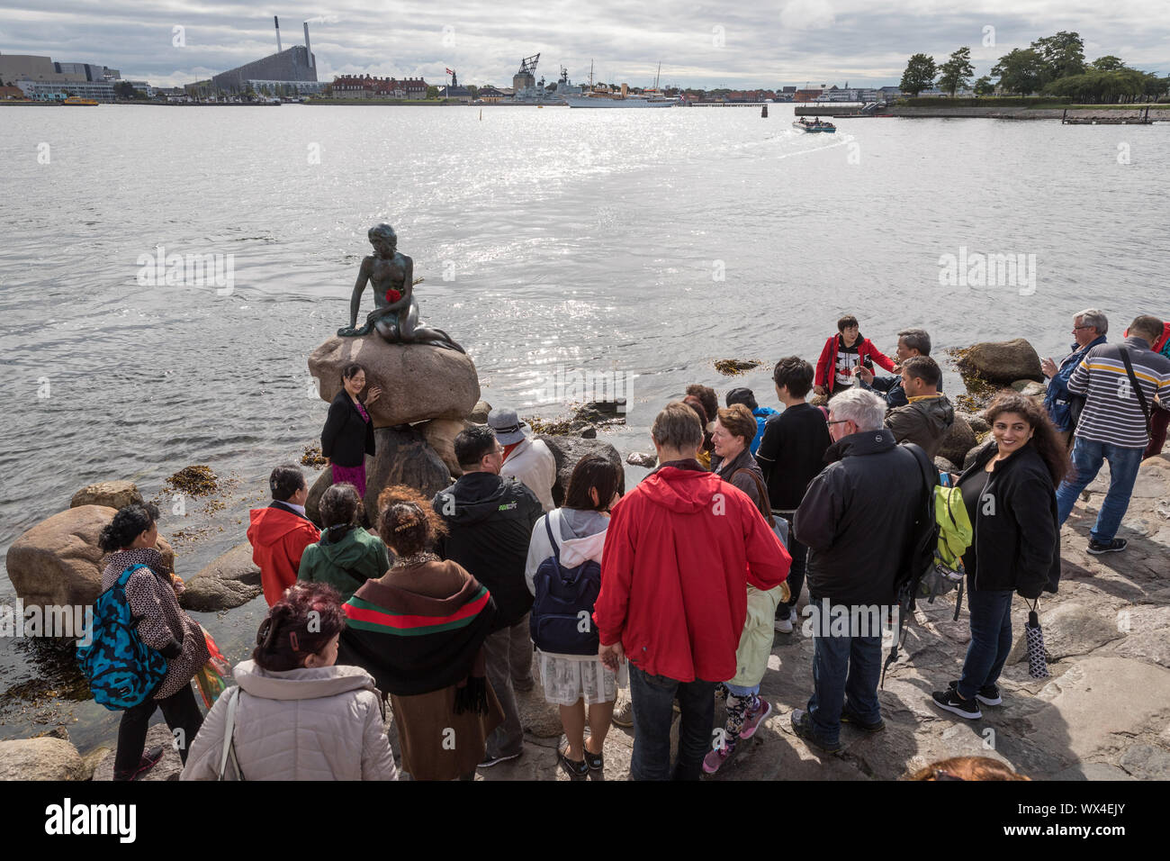 Edvard Eriksen's visiteurs avec statue de la Petite Sirène à Langelinie, Copenhague, Danemark Banque D'Images