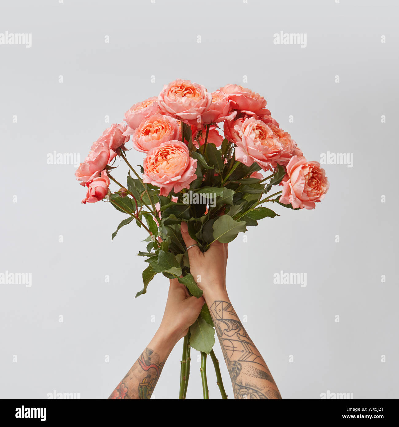 Girl's hands with tattoo tenir un bouquet de roses fraîches dans une couleur de l'année 2019 Pantone Corail vivant sur un fond gris. Banque D'Images