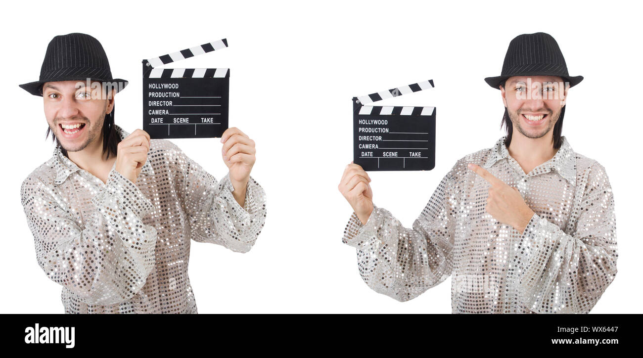 Jeune homme avec clapper board-isolated on white Banque D'Images