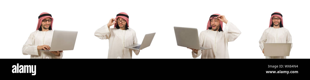 L'homme arabe avec ordinateur portable isolé sur fond blanc Banque D'Images