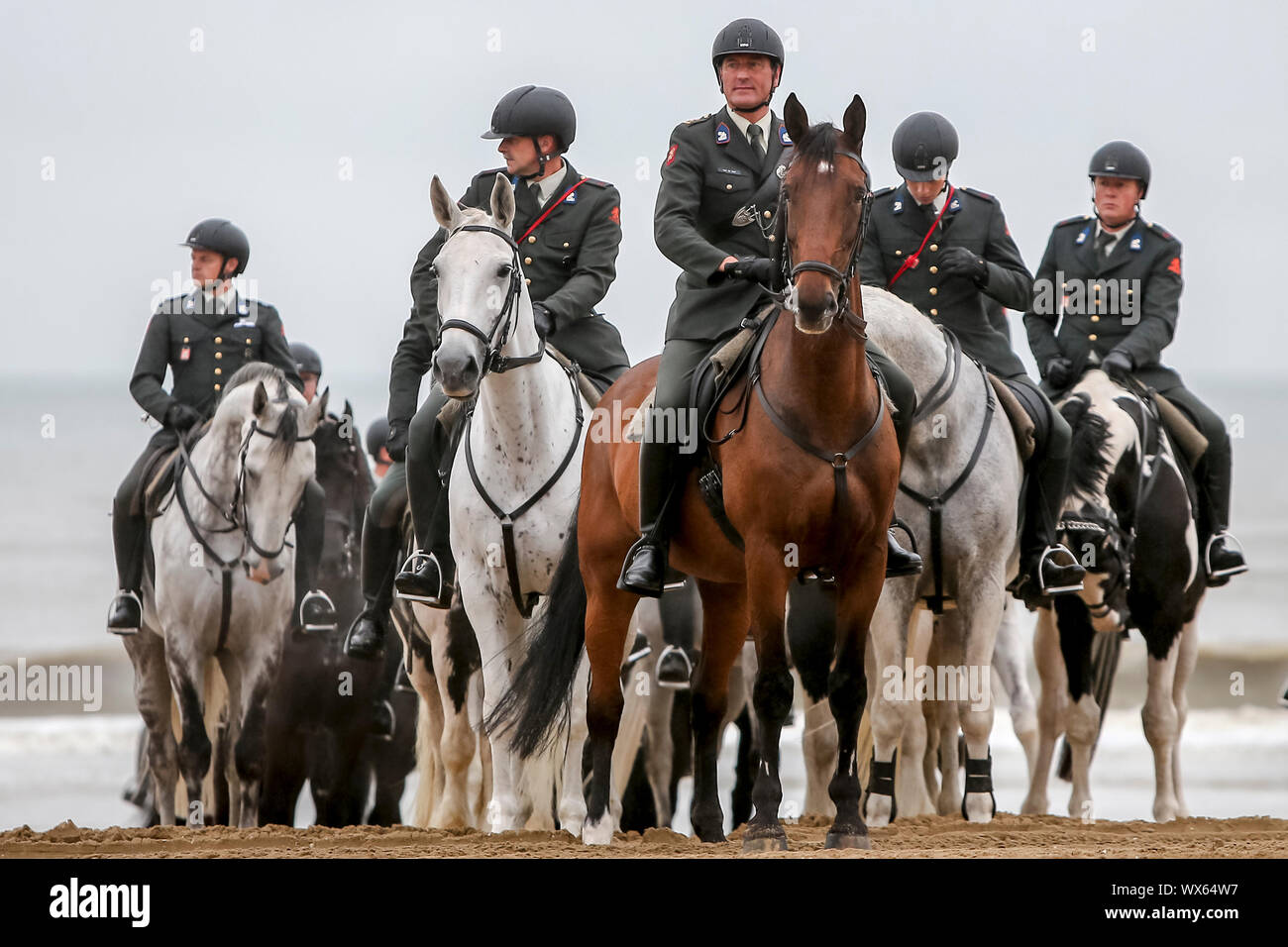 Scheveningen, Pays-Bas. 16 Sep, 2019. SCHEVENINGEN, 16-09-2019, Dutchnews, exercice Prinsjesdag plage chevaux ayant une formation de la plage de Scheveningen pour Prinsjesdag, la présentation annuelle de la politique du gouvernement au Parlement par le roi Willem Alexander des Pays-Bas Prinsjesdag ou Prince's Day a lieu chaque année le troisième mardi de septembre. C'est un jour important dans la politique néerlandaise parce que le roi lit le discours du Trône qui décrit la politique du gouvernement canadien pour l'année à venir. Credit : Pro Shots/Alamy Live News Banque D'Images