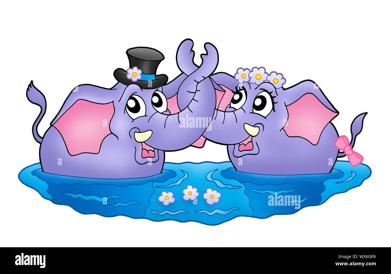 Illustration couleur de deux éléphants dans l'eau. Comme mariés. Banque D'Images