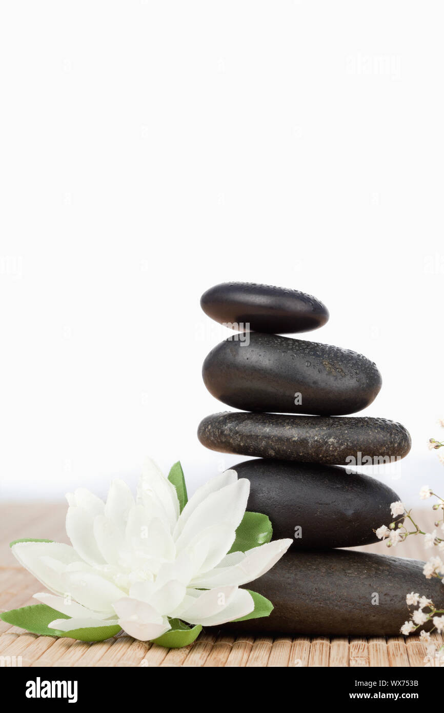 Fleur de lotus blanc avec une pile de pierres noires une petites fleurs blanches Banque D'Images