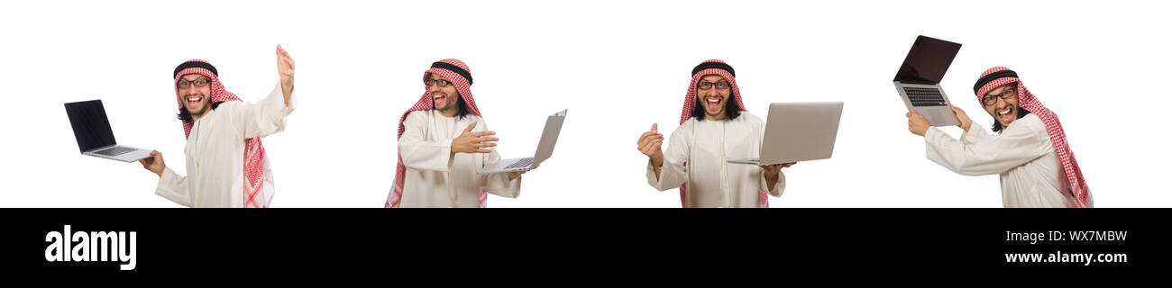 L'homme arabe avec ordinateur portable isolé sur fond blanc Banque D'Images