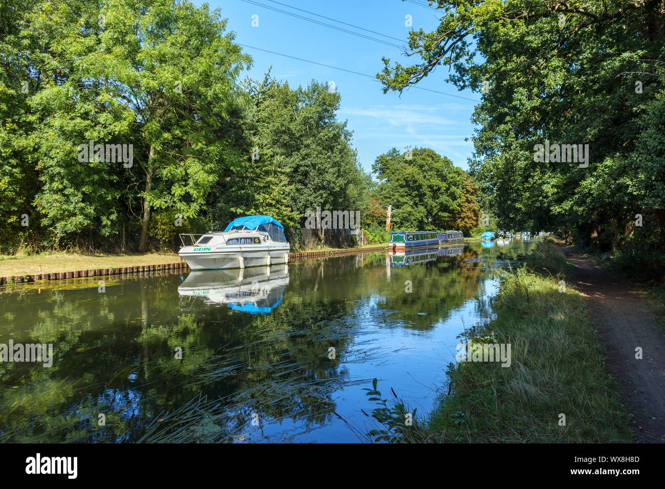 Bateaux amarrés sur les rives de la rivière Wey comme il se joint à l'Basingstoke Canal entre Weybridge et New Haw, Surrey, Angleterre du Sud-Est, Royaume-Uni Banque D'Images