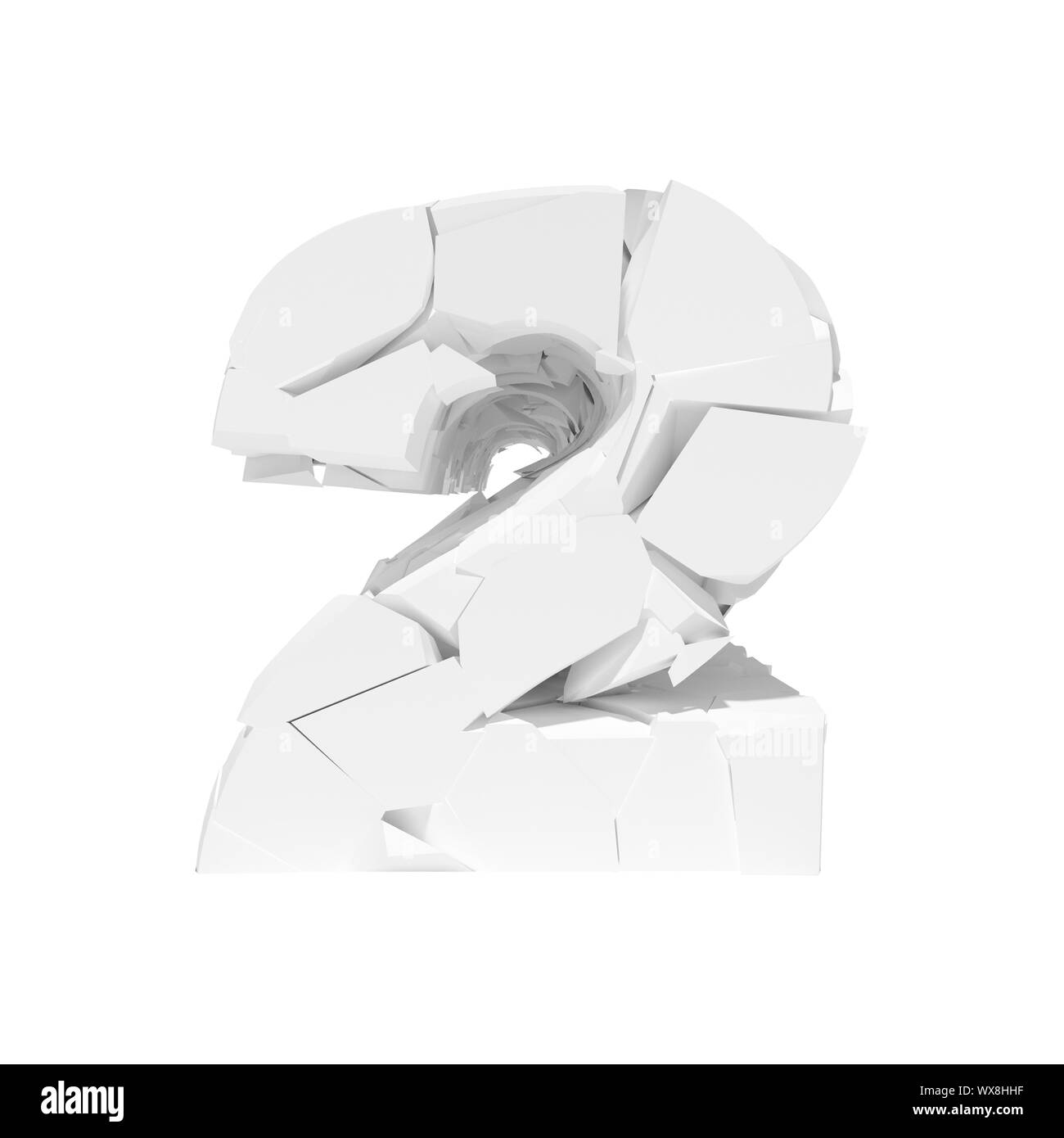 Numéro 2 fissuré isolé sur un fond blanc. 3D render. Banque D'Images