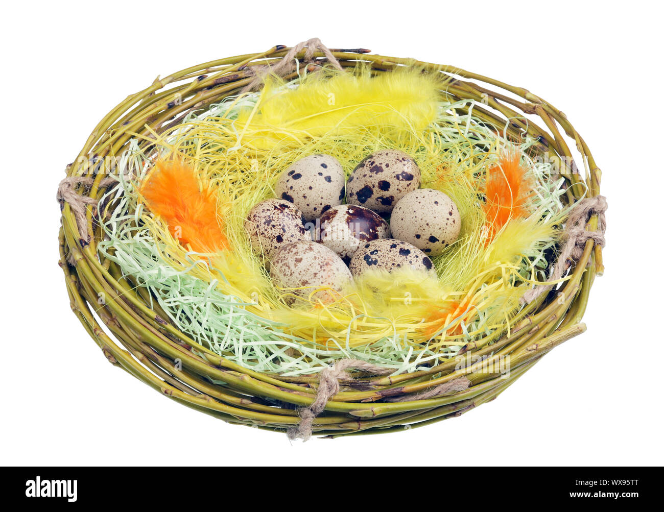 Nid de Pâques à partir de rameaux de saule à la main avec des œufs isolés Banque D'Images