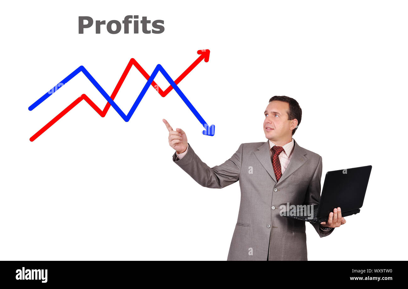 Businessman avec ordinateur portable et courbe Banque D'Images