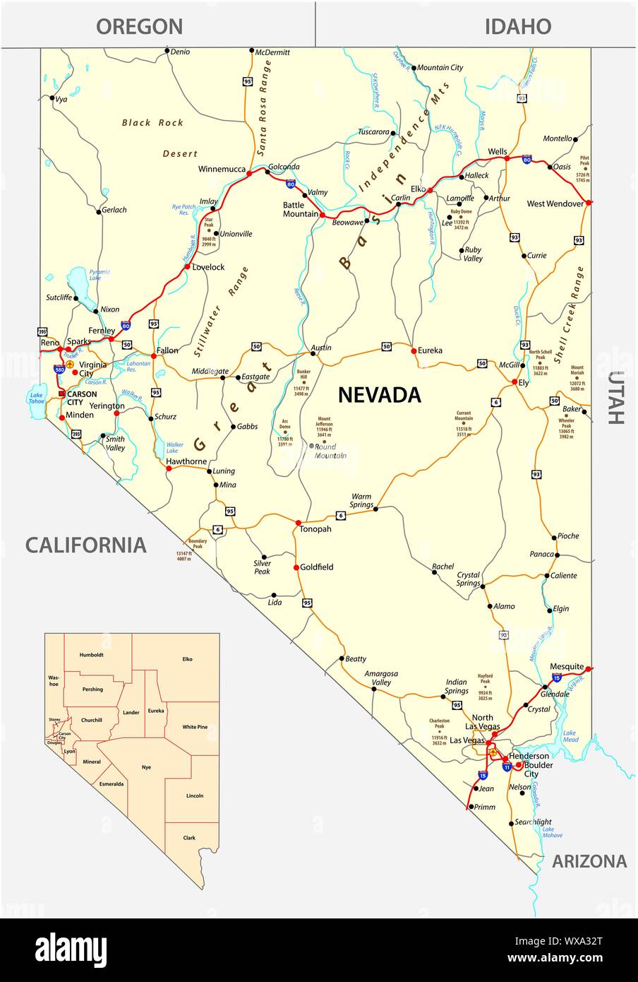 Nevada rues et carte administrative avec l'interstate highways US et routes principales Illustration de Vecteur