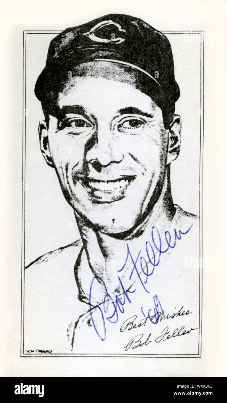 Portrait autographiée de Hall of Fame pitcher Bob Feller qui a joué dans les années 30, 40s et 50s avec les Indians de Cleveland de la Ligue américaine. Banque D'Images