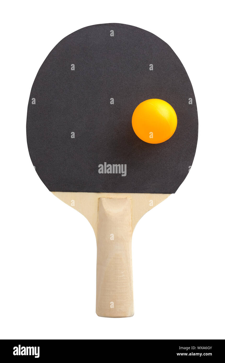 Ping Pong Paddle noir avec balle jaune Découper sur blanc. Banque D'Images