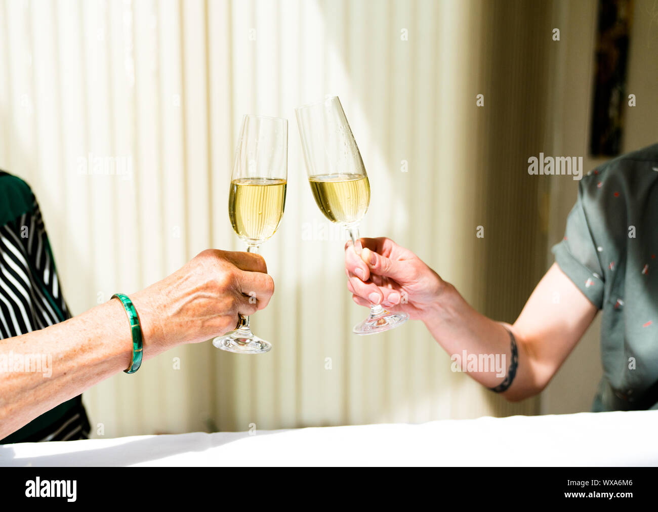 Main de femme âgées et jeunes woman toasting with glasses of champagne Banque D'Images