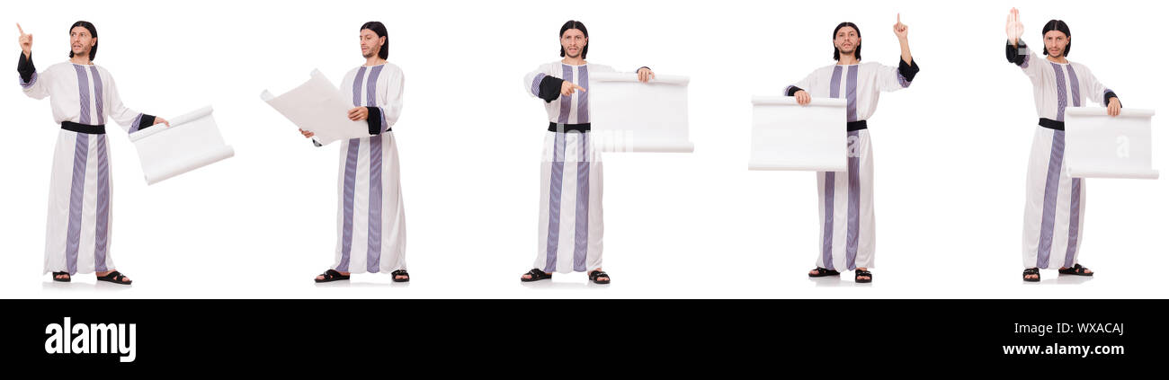 L'homme arabe avec white paper isolated on white Banque D'Images