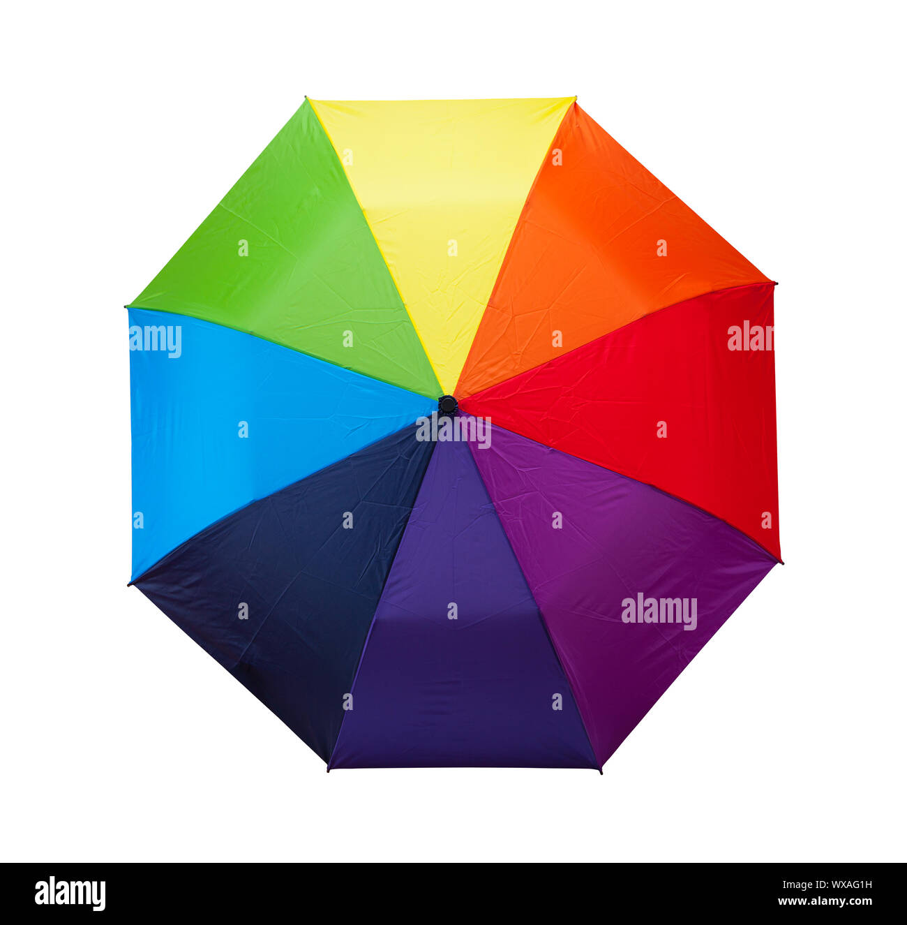 Vue de dessus d'un parapluie de couleur arc-en-ciel Découper sur blanc. Banque D'Images