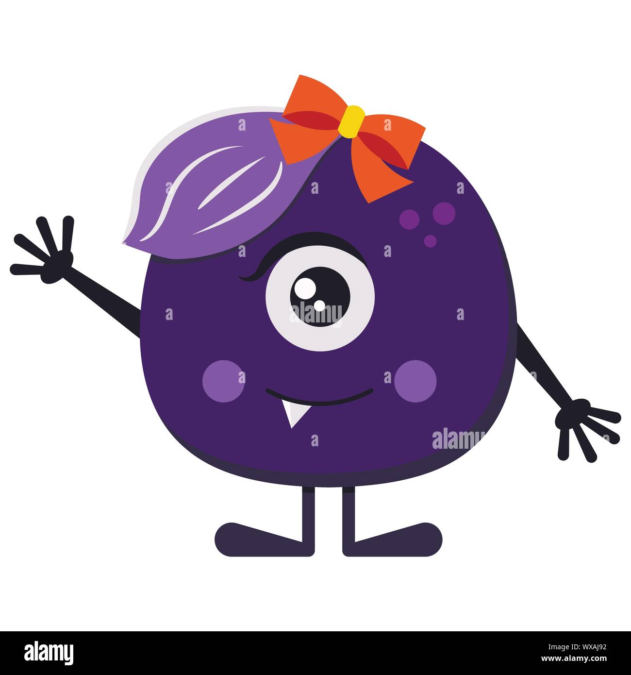 Modèle plat heureux caricature purple girl monstre en position hi avec bow orange isolé sur fond blanc. Illustration de Vecteur