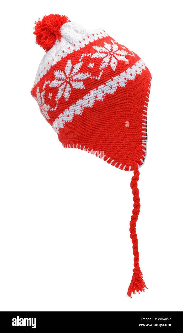 Bas rouge Hat Vue de côté Découper sur blanc. Banque D'Images
