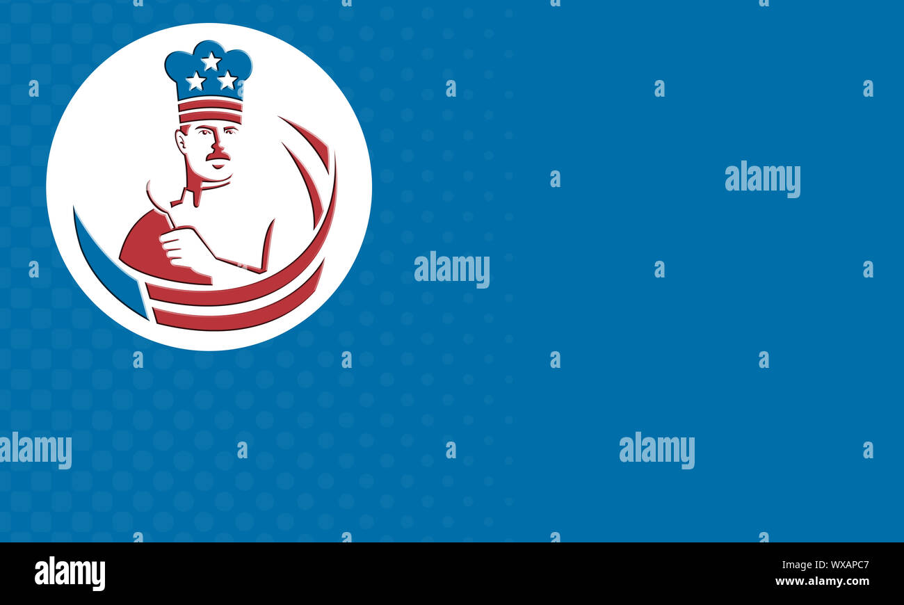 Illustration d'un chef cuisinier américain baker holding spatule face à l'avant avec des stars and stripes fait en style rétro. Banque D'Images