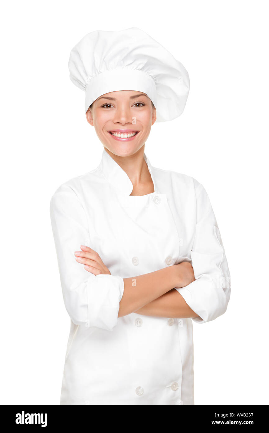 Chef de cuisine, Cuisinier ou boulanger femme. Heureux fiers portrait de  femme en uniforme de chef et chef hat isolé sur fond blanc. Asian Woman  modèle Photo Stock - Alamy