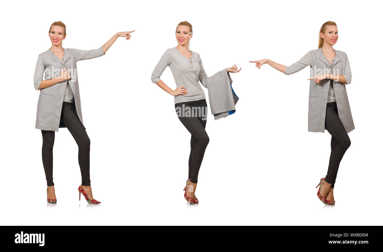 Jolie femme en blouse grise isolated on white Banque D'Images