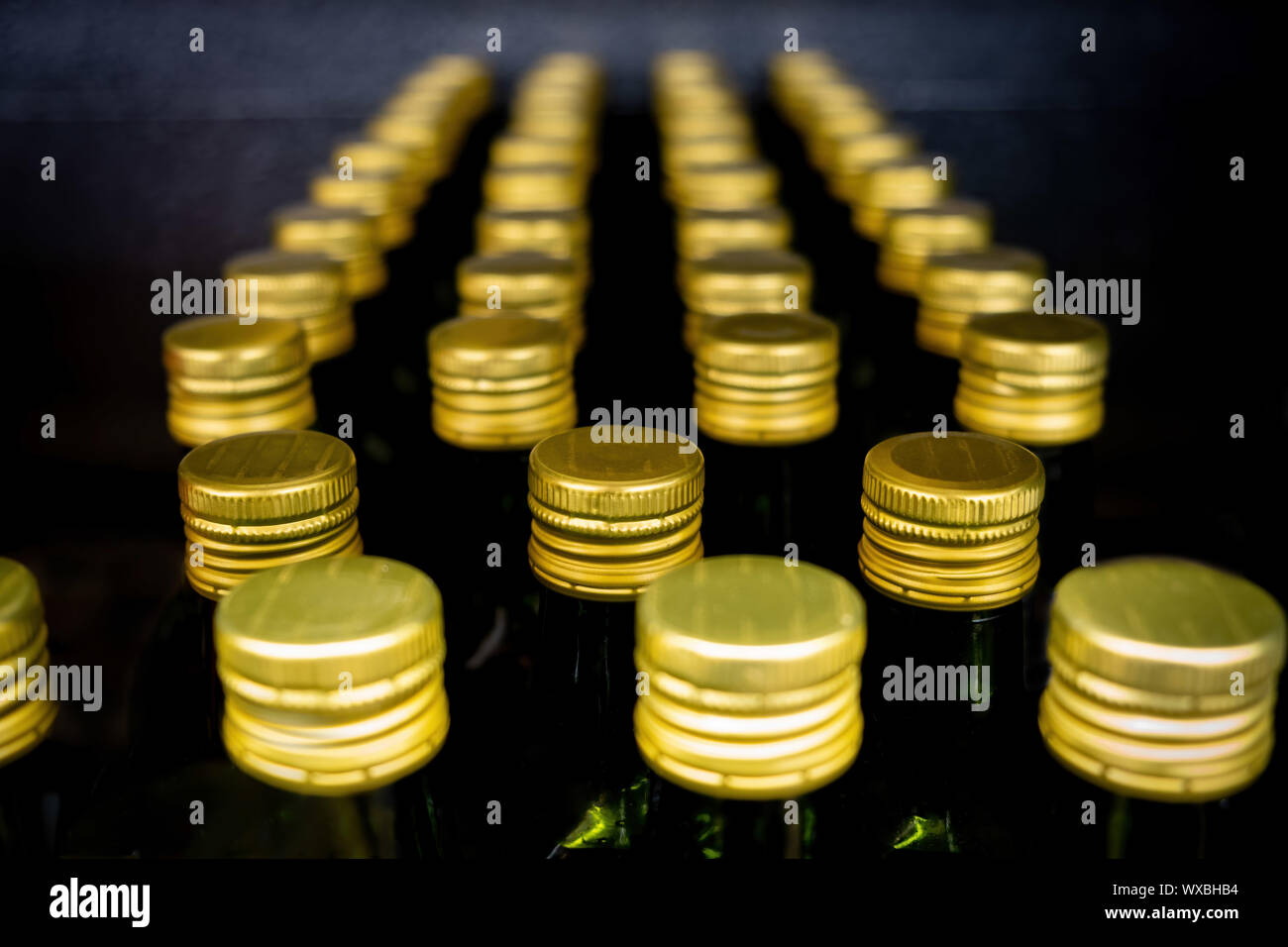 Rangées de bouteilles d'huile d'olive avec les bouchons d'or en perspective décroissante Banque D'Images