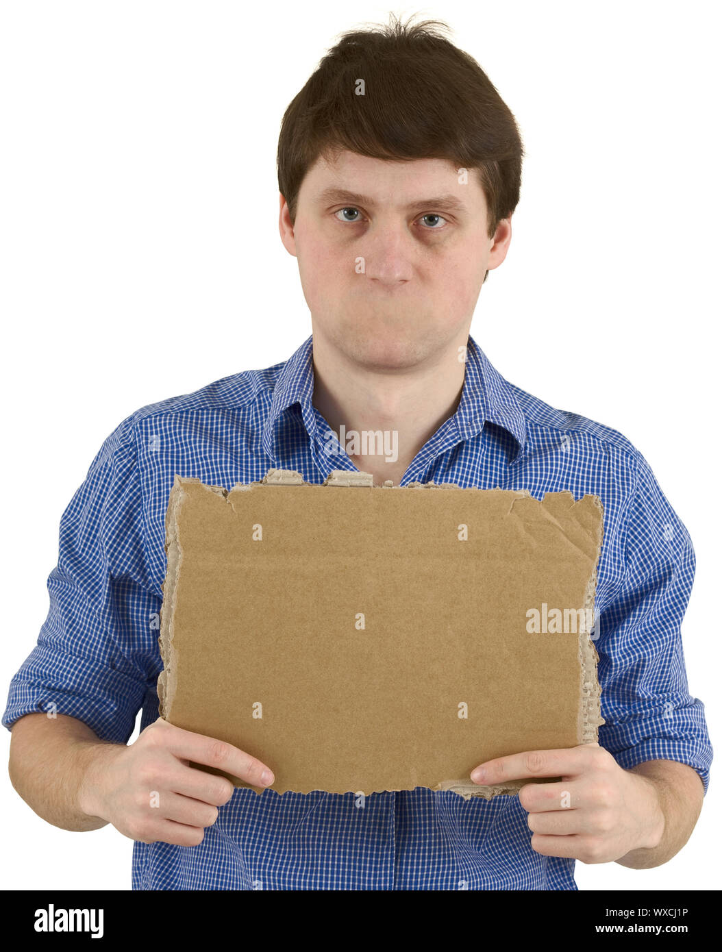 L'homme sans bouche et carton comprimé sur le fond blanc Photo Stock - Alamy