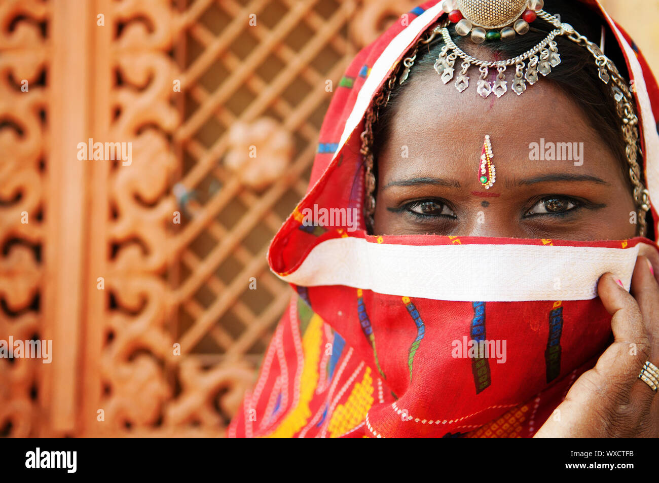 Femme indienne en sari traditionnel costume couvert son visage avec voile,  Inde Photo Stock - Alamy