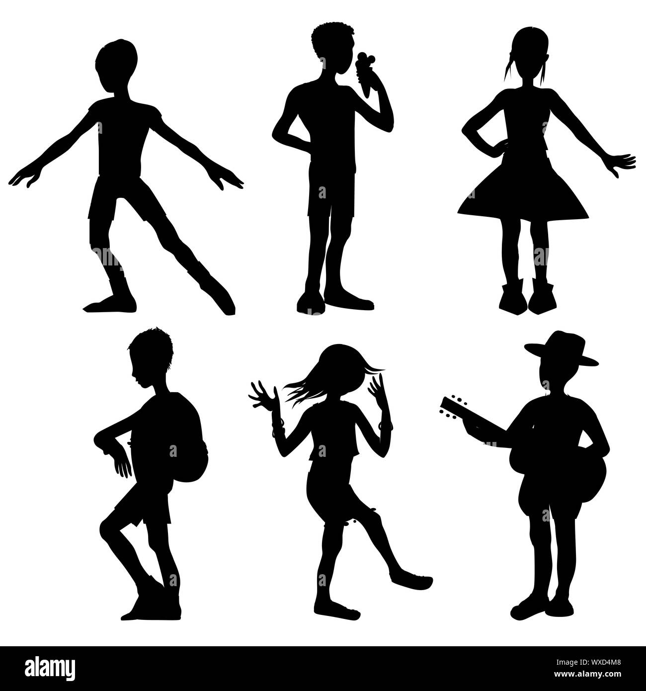 Collection de silhouettes de 6 enfants de l'école avec des vêtements différents et les différentes activités, illustrations isolated on white Banque D'Images