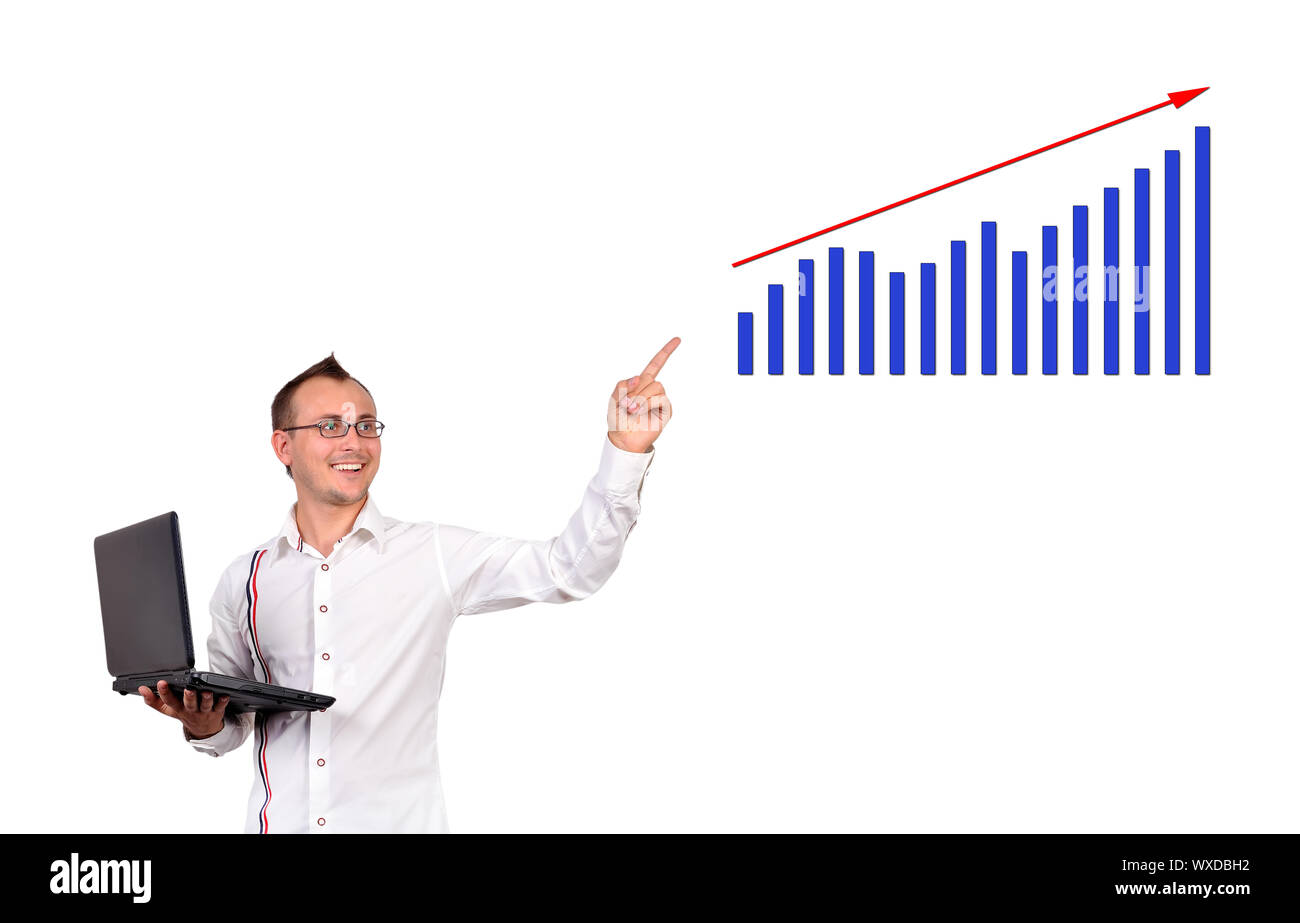 Businessman with notebook point à la courbe de croissance Banque D'Images