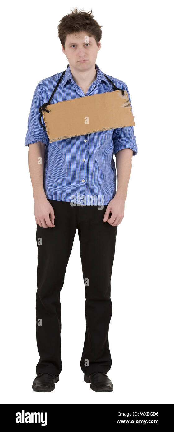 Homme avec tablette sur carton blanc sur le cou Banque D'Images