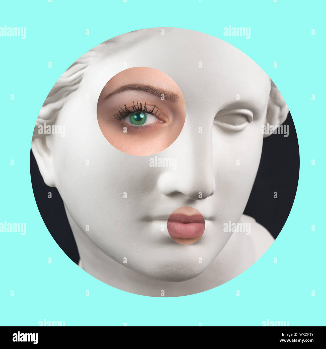 L'art contemporain avec l'affiche de la statue antique de Vénus tête et détails d'un visage de femme vivant. Banque D'Images