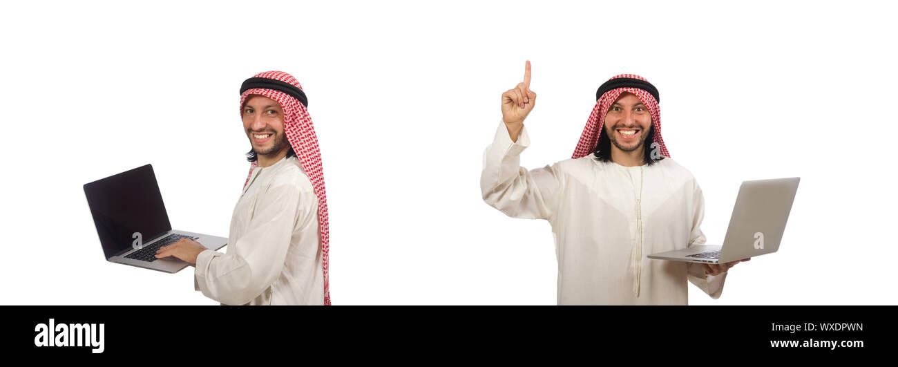 L'homme arabe avec ordinateur portable isolé sur fond blanc Banque D'Images