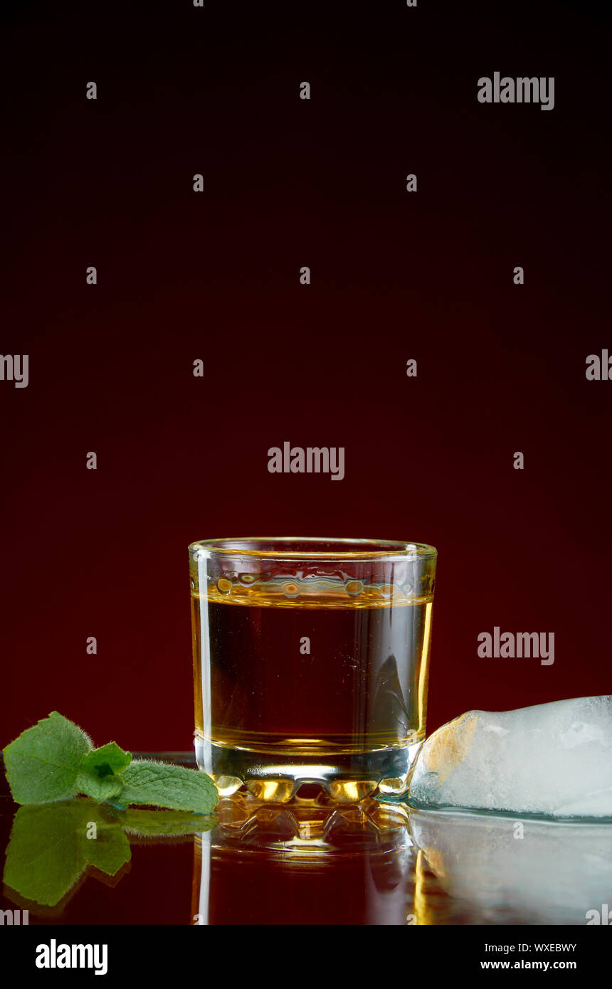 Le verre avec de l'alcool dans un verre transparent avec de la glace et la menthe sur fond rouge Banque D'Images