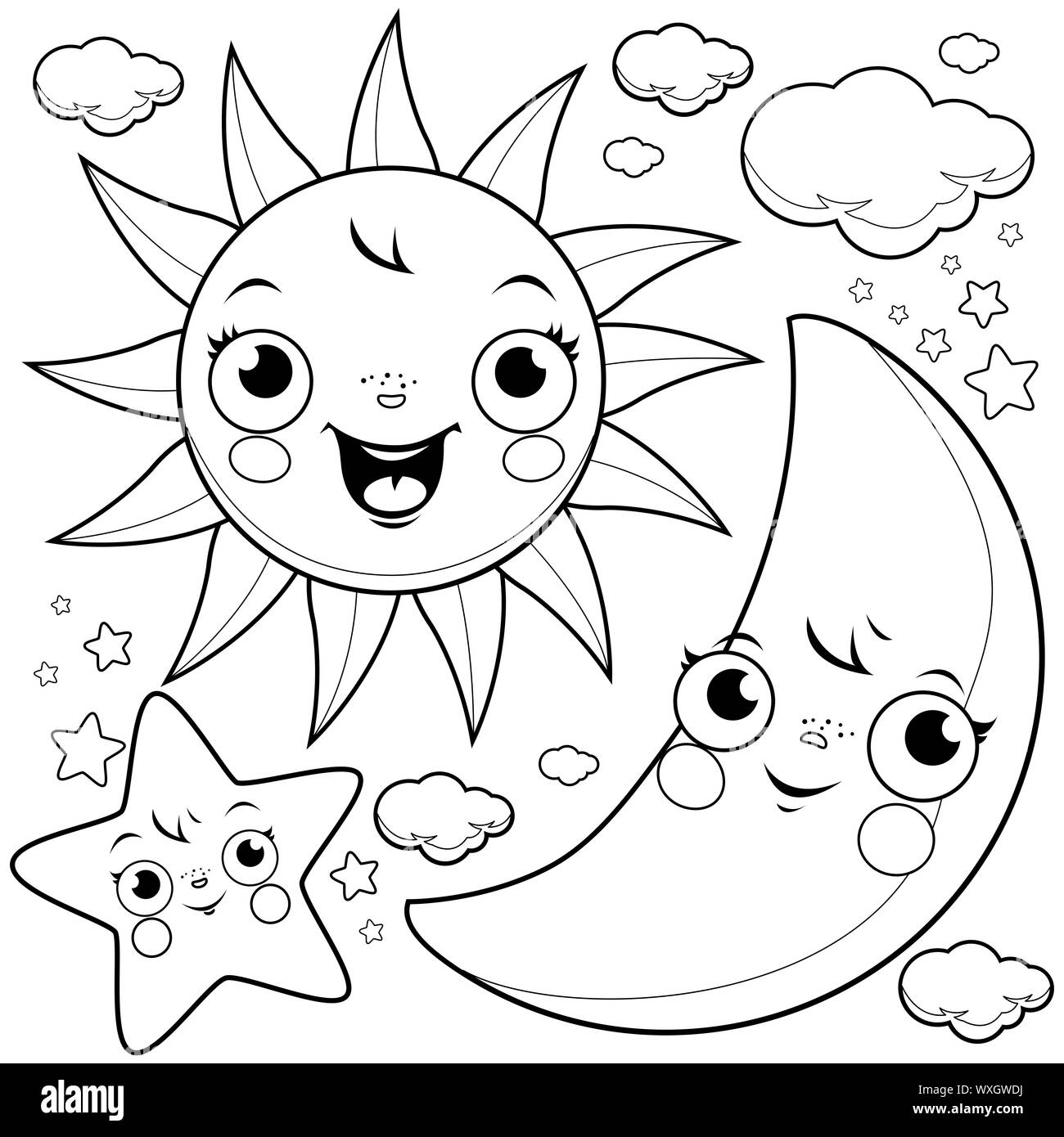 Dessin animé soleil, lune, étoiles et personnages de nuage. Symboles de dessin animé de ciel mignon, lune, étoile et soleil. Illustration de page de coloriage noir et blanc Banque D'Images