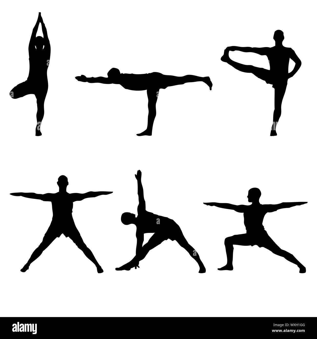 Un lot de six yoga postures debout silhouettes noires Banque D'Images