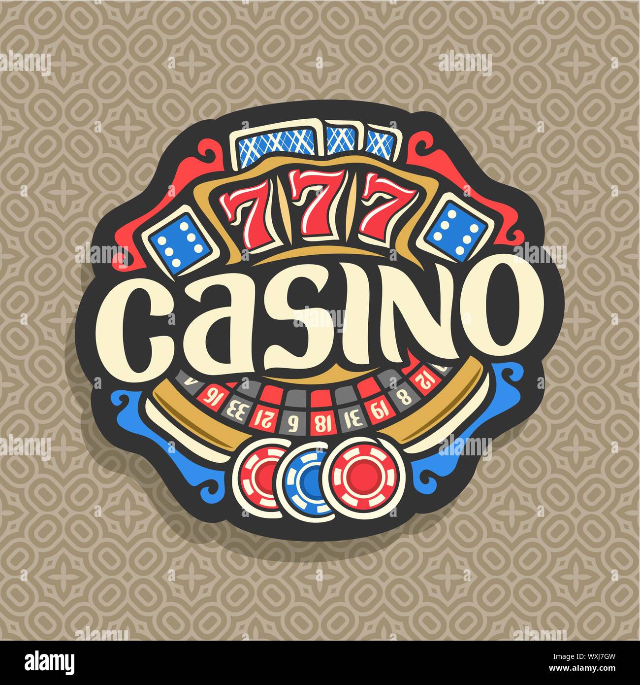 Logo vector pour le casino de jeu : signer avec roue de roulette, jeux de cartes, dés bleu, lettrage craps - casino, jetons et rouge symbole de chance - 777 Illustration de Vecteur