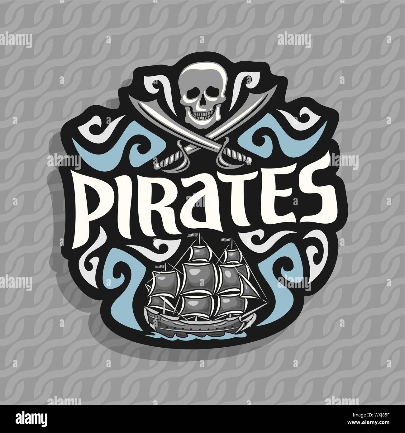 Logo Vector pour les Pirates : gris crâne et sabres croisés et vieux bateau voiles avec Jolly roger drapeau sur une corde. Illustration de Vecteur