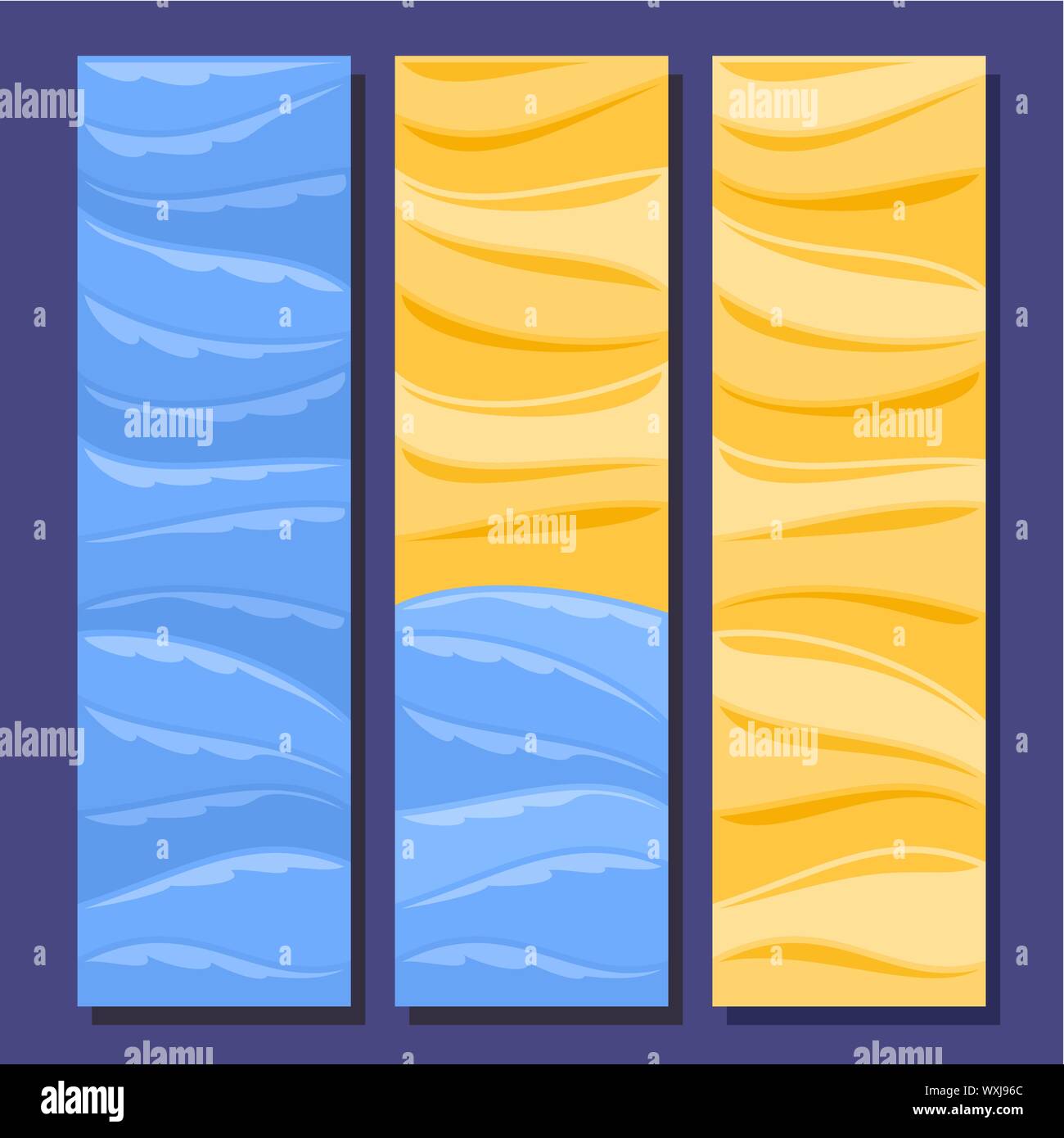 Ensemble de bannières vecteur vertical pour l'été Saison : 3 modèles avec des vagues de la mer bleu, jaune arrière-plan modèle de texte. Illustration de Vecteur