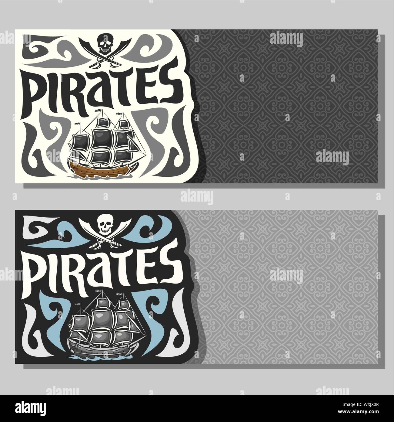 Les bannières horizontales vecteur pour les Pirates : Le crâne et sabres croisés et vieux navire à voiles sur fond gris. Illustration de Vecteur