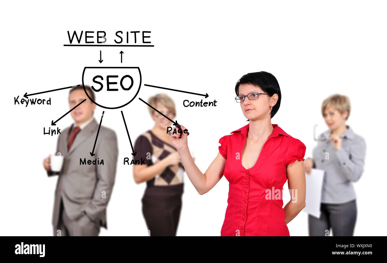 Businesswoman drawing plan seo sur une planche invisible Banque D'Images