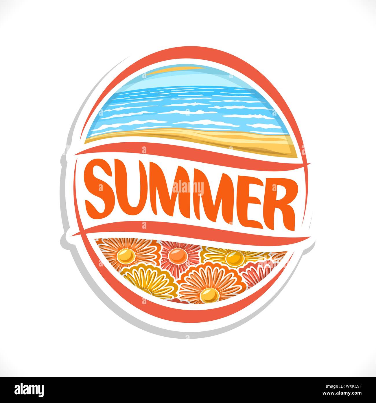 Logo vectoriel pour l'été Saison : sur une plage de sable de mer, mer ciel horizon avec les vagues de l'océan, l'icône ovale pour l'heure d'été à l'orange fond floral. Illustration de Vecteur