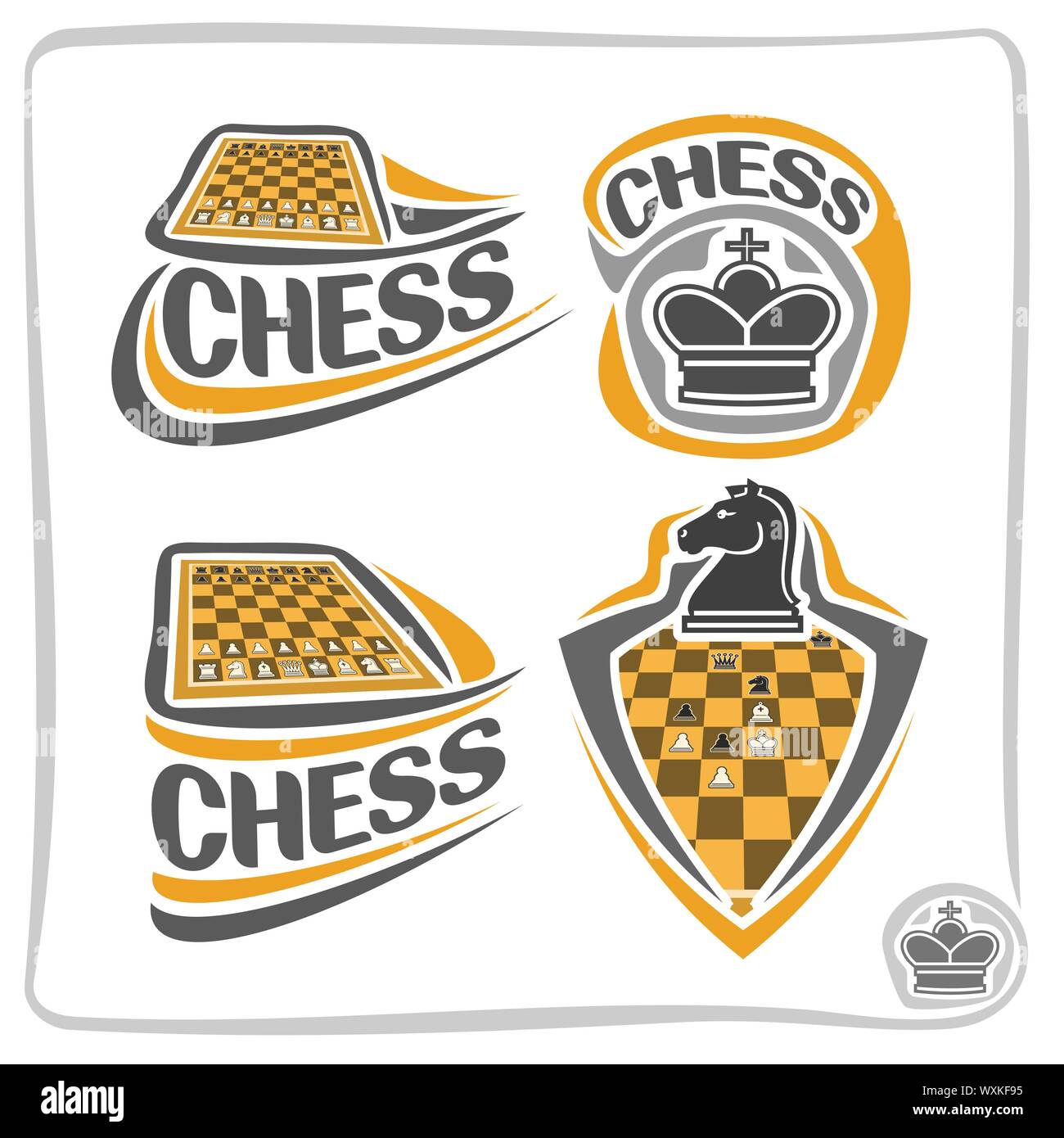 Vector set d'icônes pour jeu d'échecs : morceau de la couronne de la reine, 4 résumé de texte avec logo - échecs, isolé sur blanc. Illustration de Vecteur
