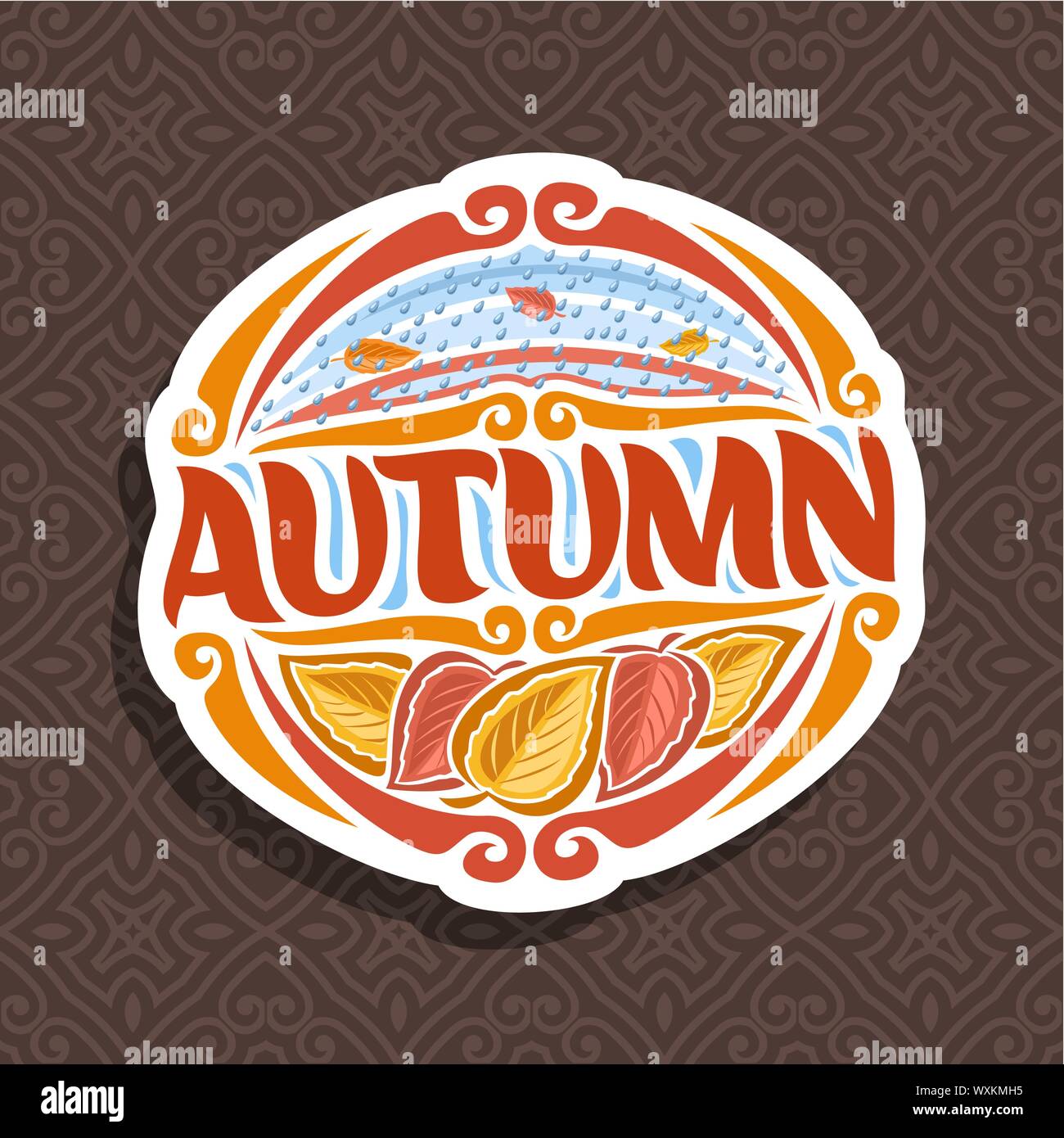 Logo vectoriel pour l'automne Saison : icône ronde à la chute des gouttes de pluie sur brown résumé fond, lettrage - automne, signer avec les feuilles d'automne sur couture Illustration de Vecteur