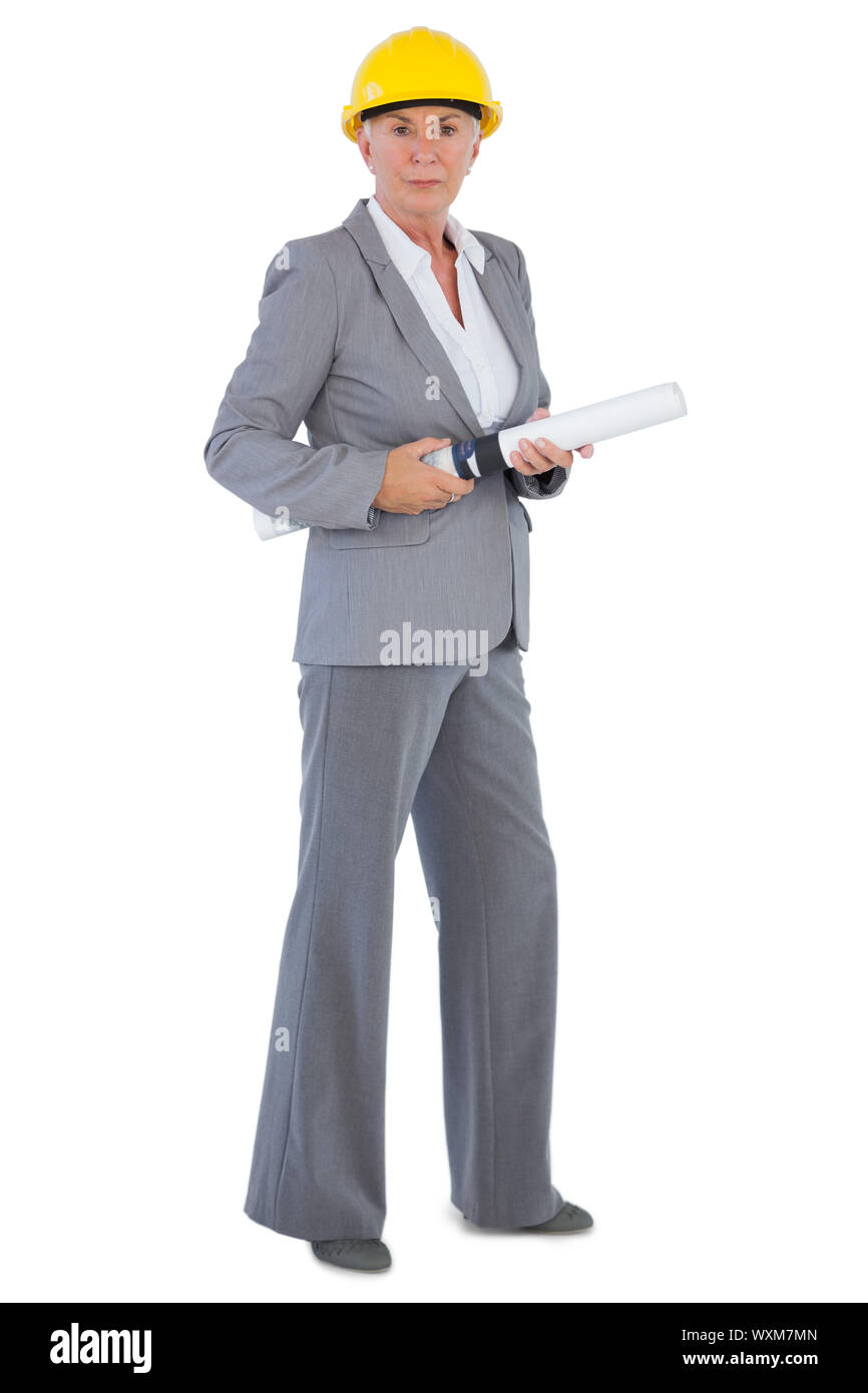 Serious architect with plan wearing hardhat sur fond blanc Banque D'Images