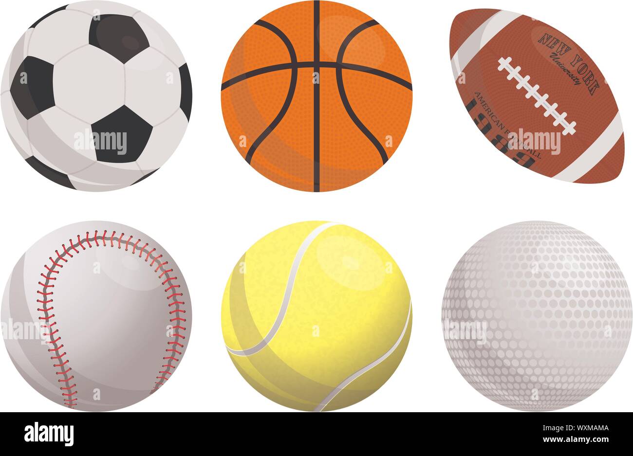 Colorful vector set de boules sport icons : Basket-ball, football, football américain, baseball, tennis, golf. Style plat. Eps 10 Illustration de Vecteur