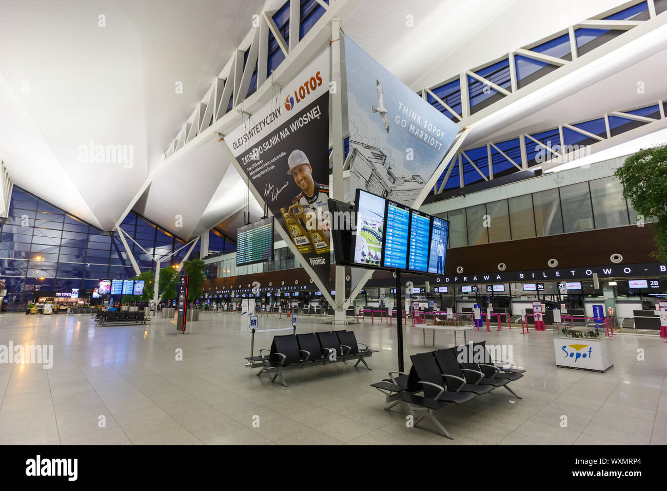 Gdansk, Pologne - 28 mai 2019 : Terminal de l'aéroport de Gdansk (GDN) en Pologne. Banque D'Images