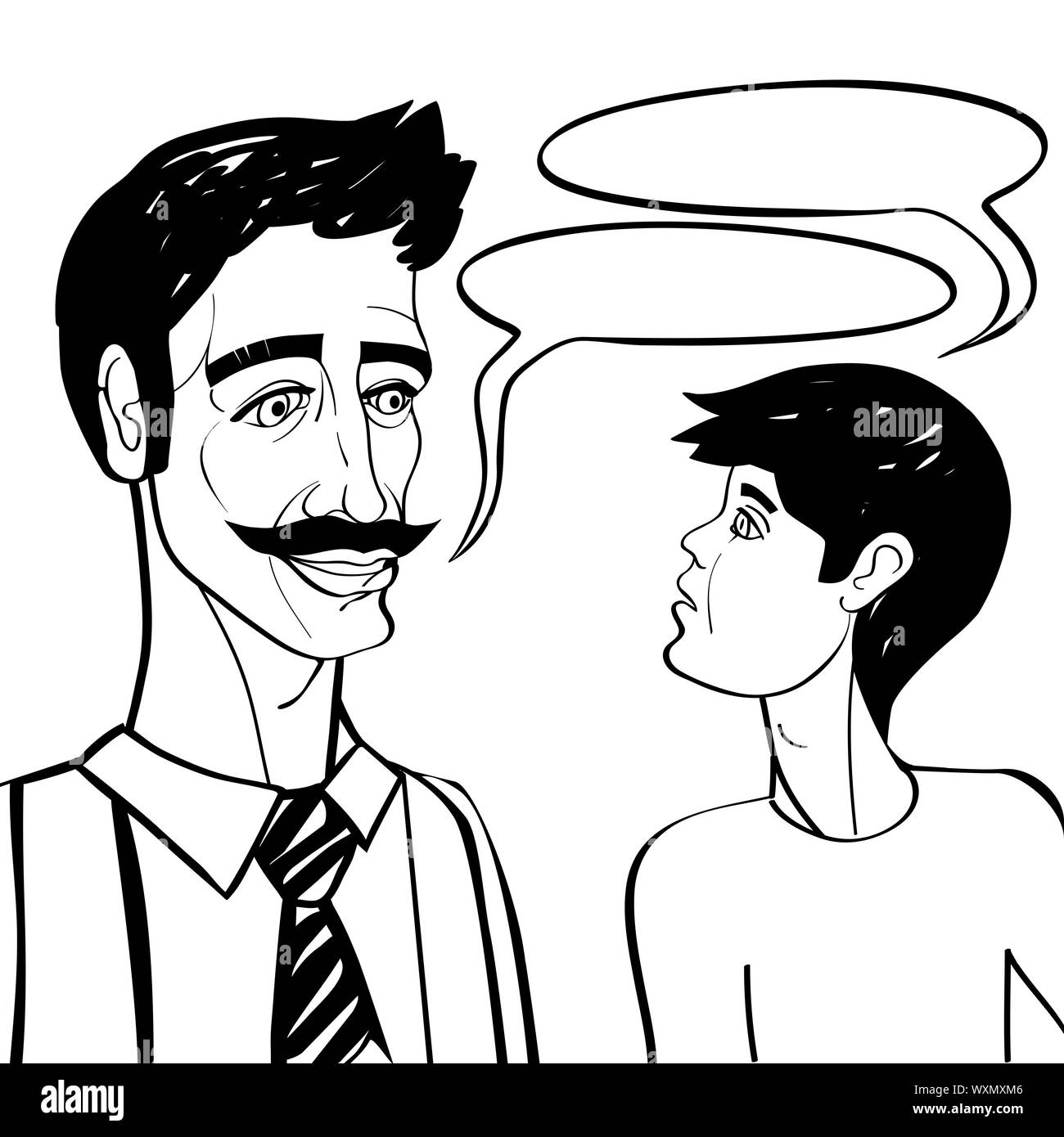 Style bd cartoon illustration d'un père et son fils sur fond blanc de conversation Banque D'Images