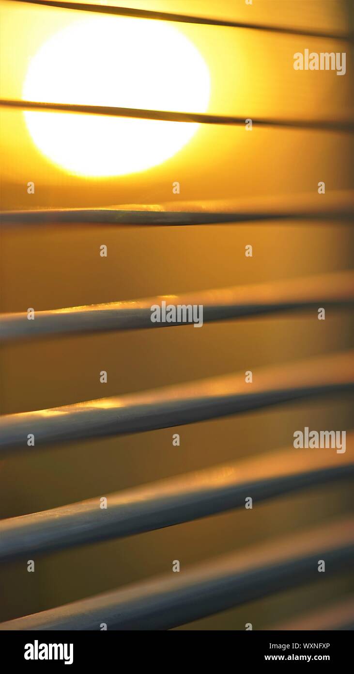 Coucher de soleil derrière stores horizontaux, macro photo. Banque D'Images