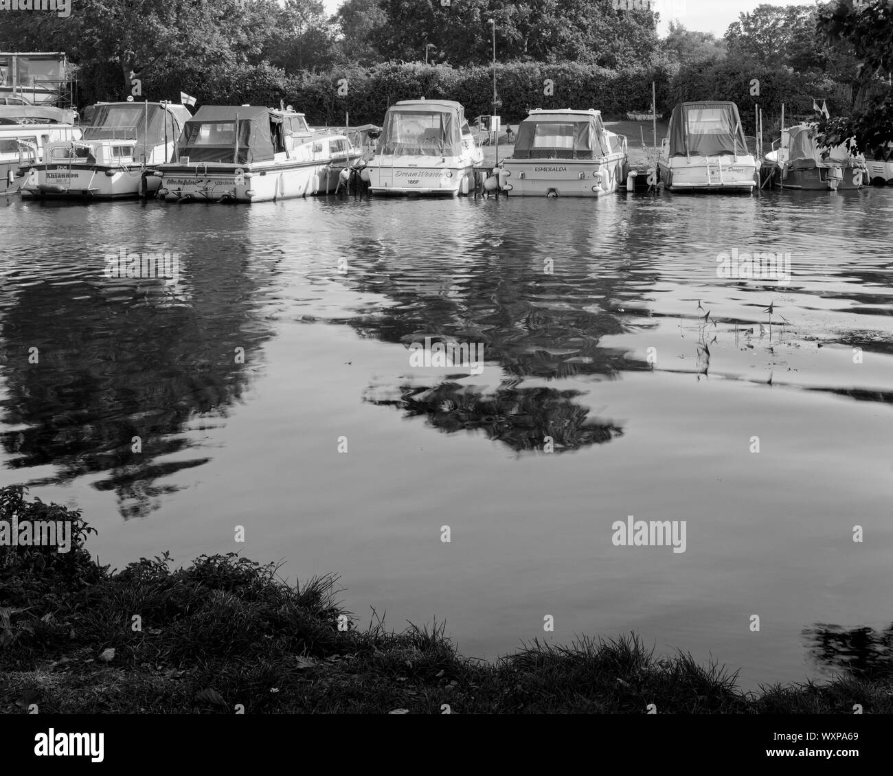 Bateaux amarrés sur la rivière Great Ouse à St Neots Cambridgeshire Angleterre Banque D'Images