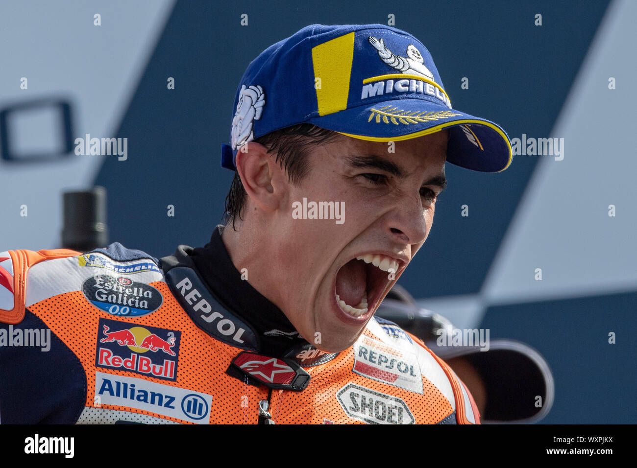 MARC MARQUEZ, COUREUR ESPAGNOL ET CHAMPION DU MONDE MOTOGP AVEC LE NUMÉRO 93 pour Repsol Honda Team c'est lors de l'échauffement et l'épreuve de la Motogp de Saint-marin UN Banque D'Images