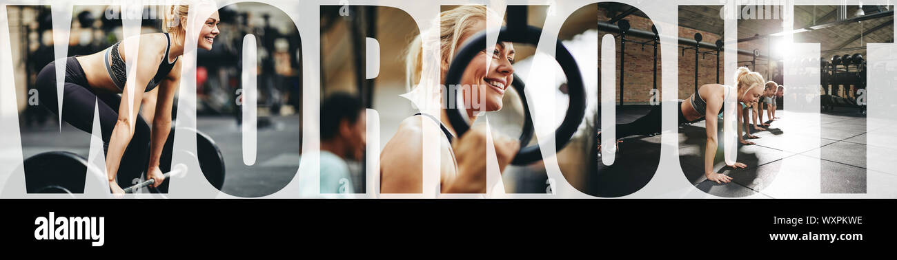 Collage d'un fit young woman smiling tout en soulevant des poids, et l'utilisation de joints toriques pushups faire dans une salle de sport avec un fond du mot workout Banque D'Images